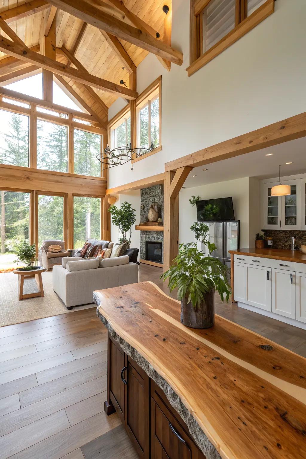 A live edge countertop harmonizing an open-concept layout.