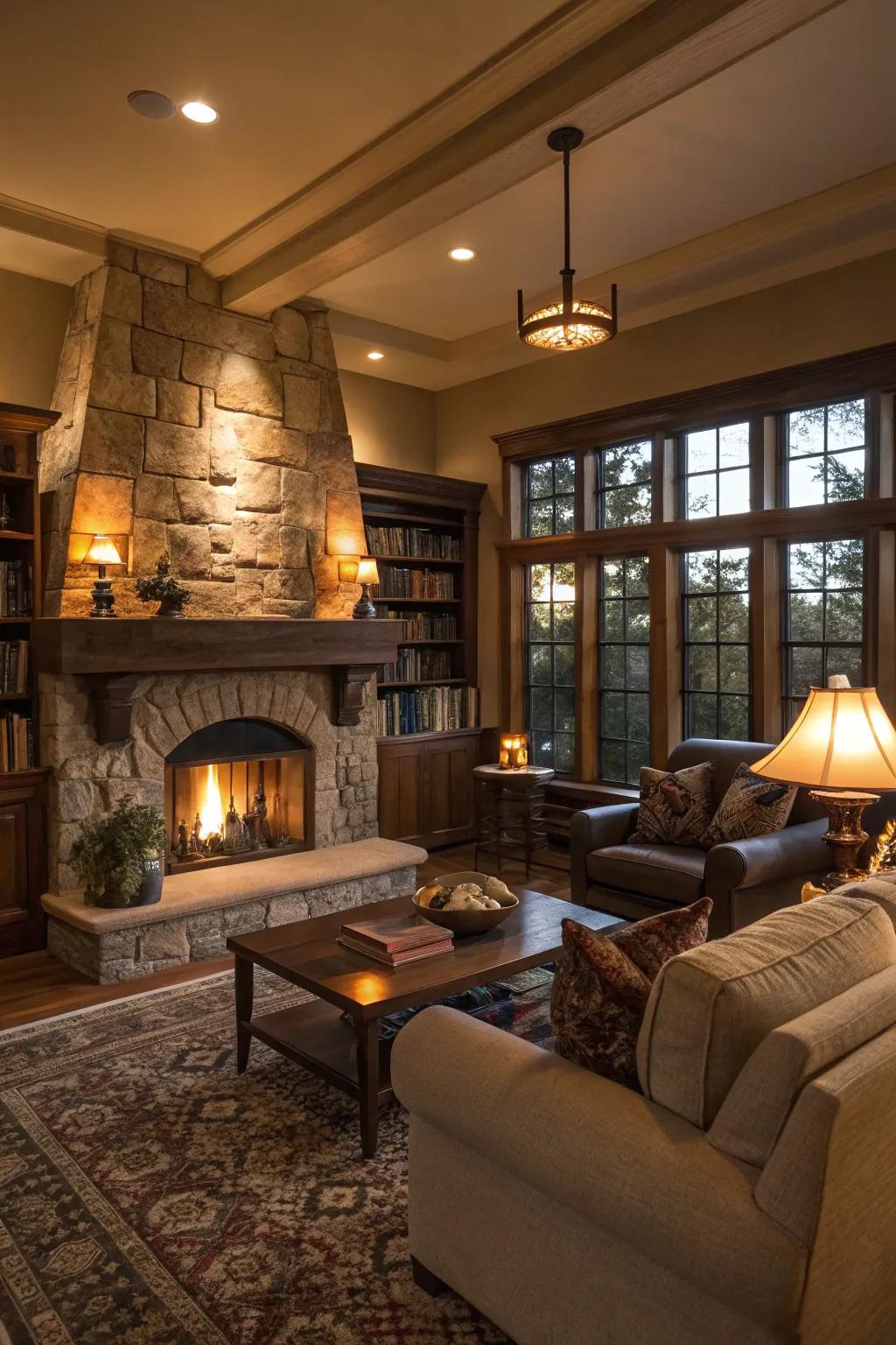 A warm and inviting living room centered around a beautiful fireplace.