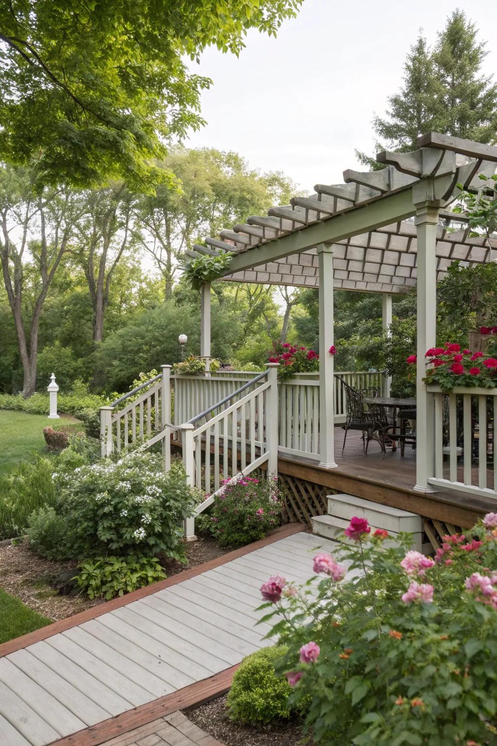 A raised deck featuring a pergola and railings.