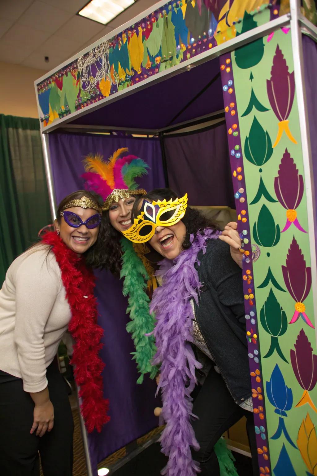 A photo booth with fun props captures joyful memories of the night