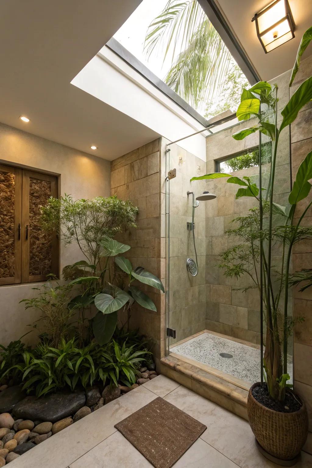 A tranquil walk-in shower featuring natural elements.