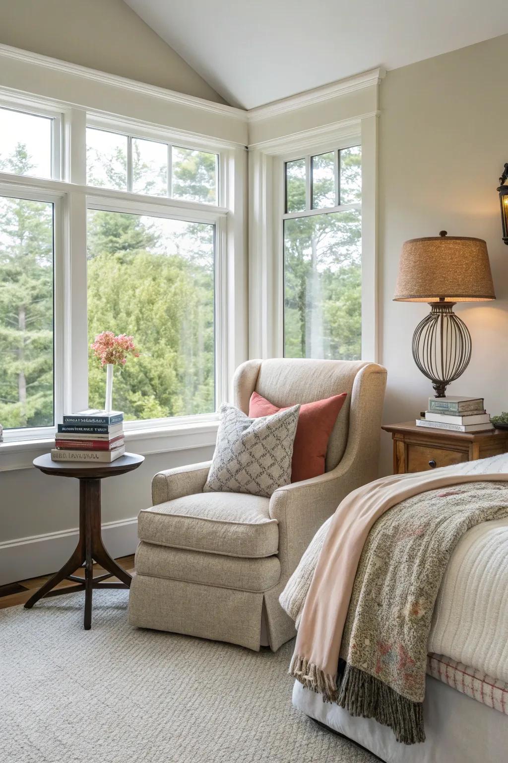 A cozy corner in the master bedroom for relaxation and reading.