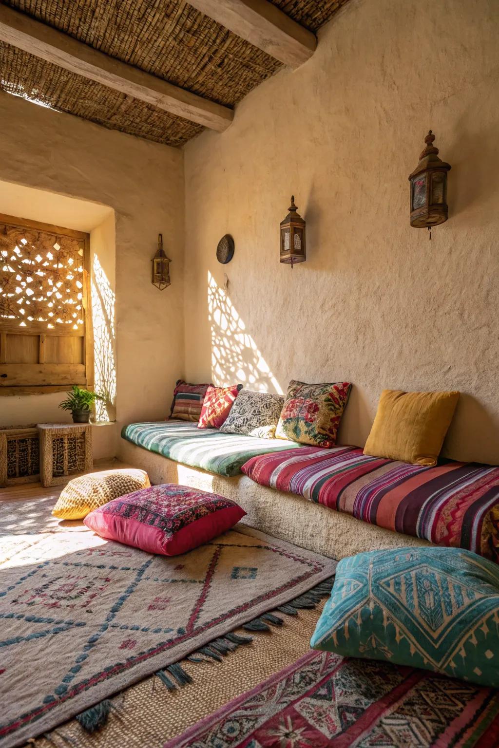 A sleeping area featuring colorful bolsters and a textural mat.