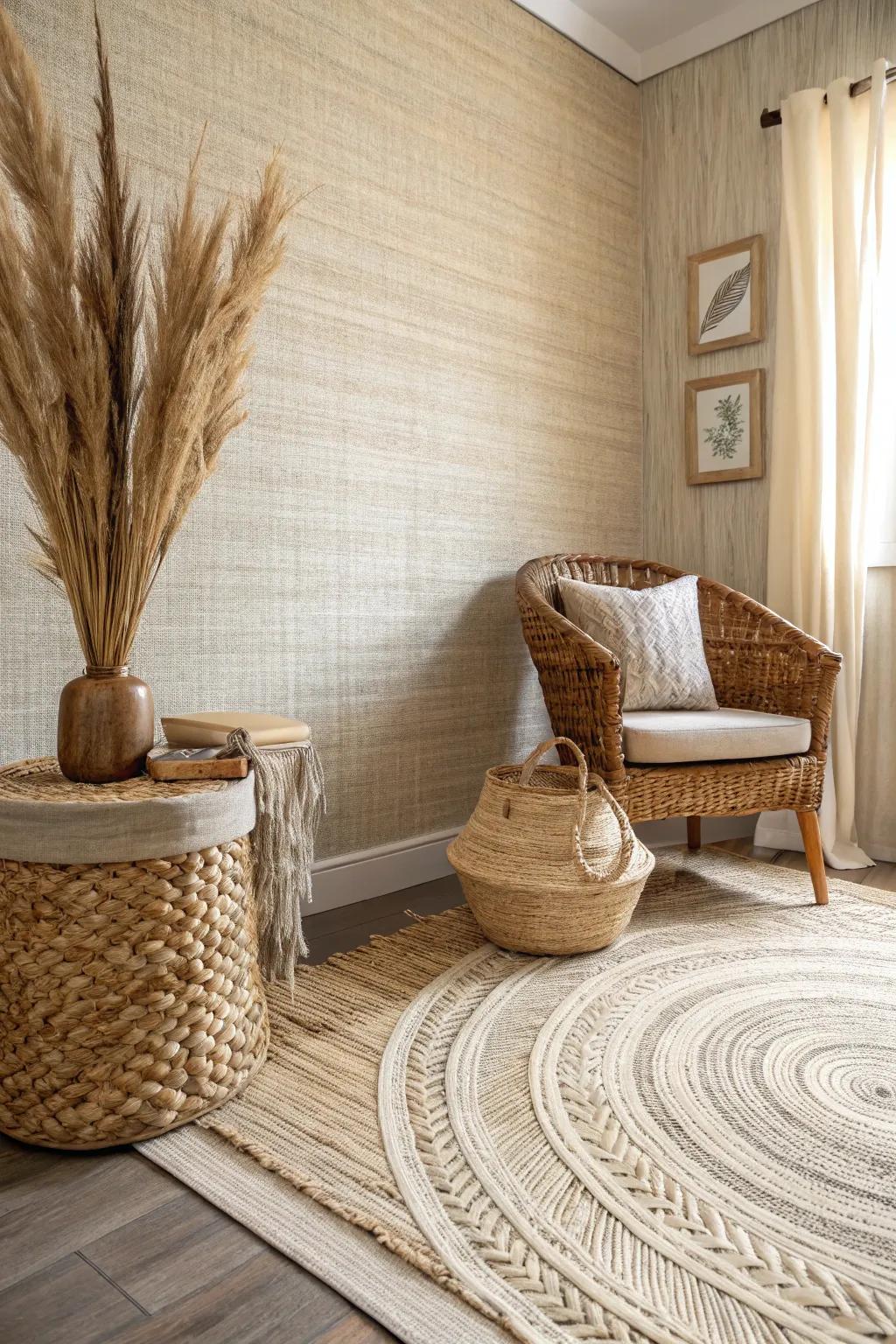 Cozy setting with textured grasscloth mid-century wallpaper.