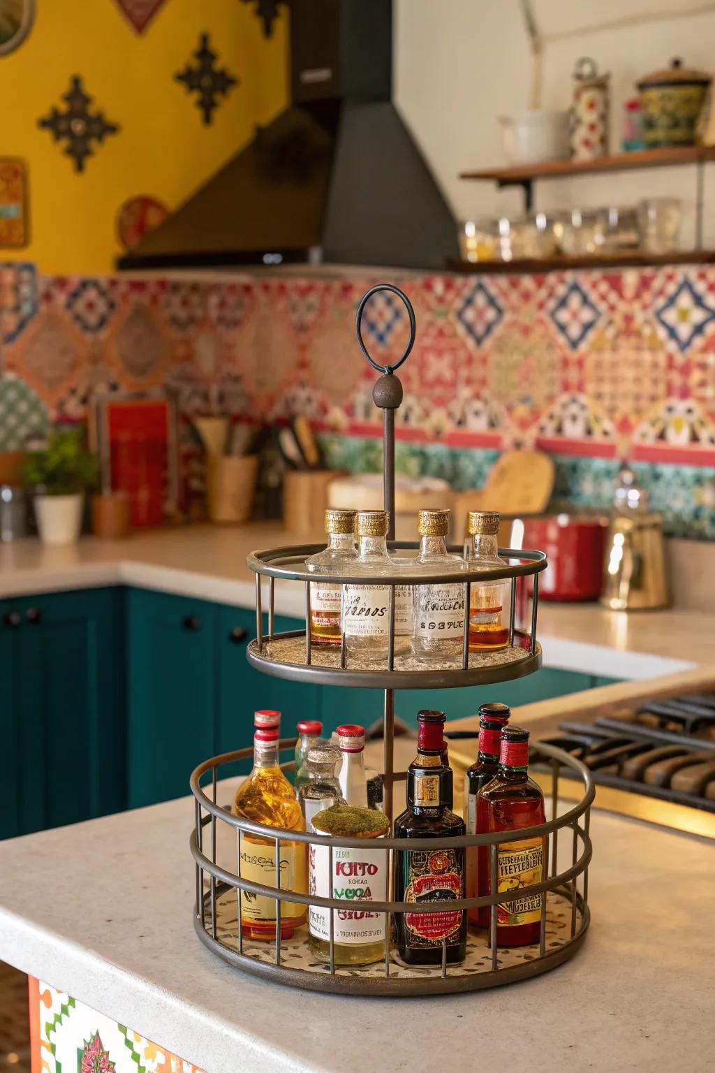 A spinning countertop carousel filled with mini liquor bottles.