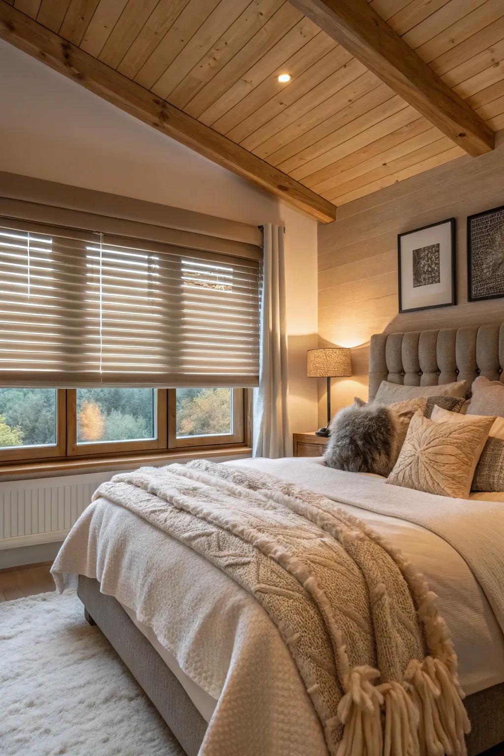 Darkening blinds transform a space into a snug refuge.