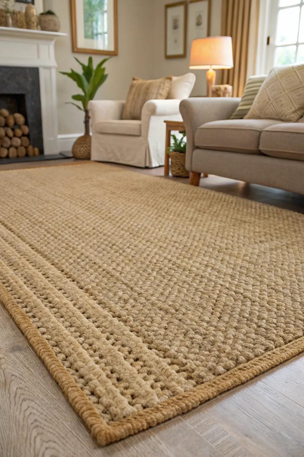 Living room with a carpet made from natural fibers, offering a sustainable decor option