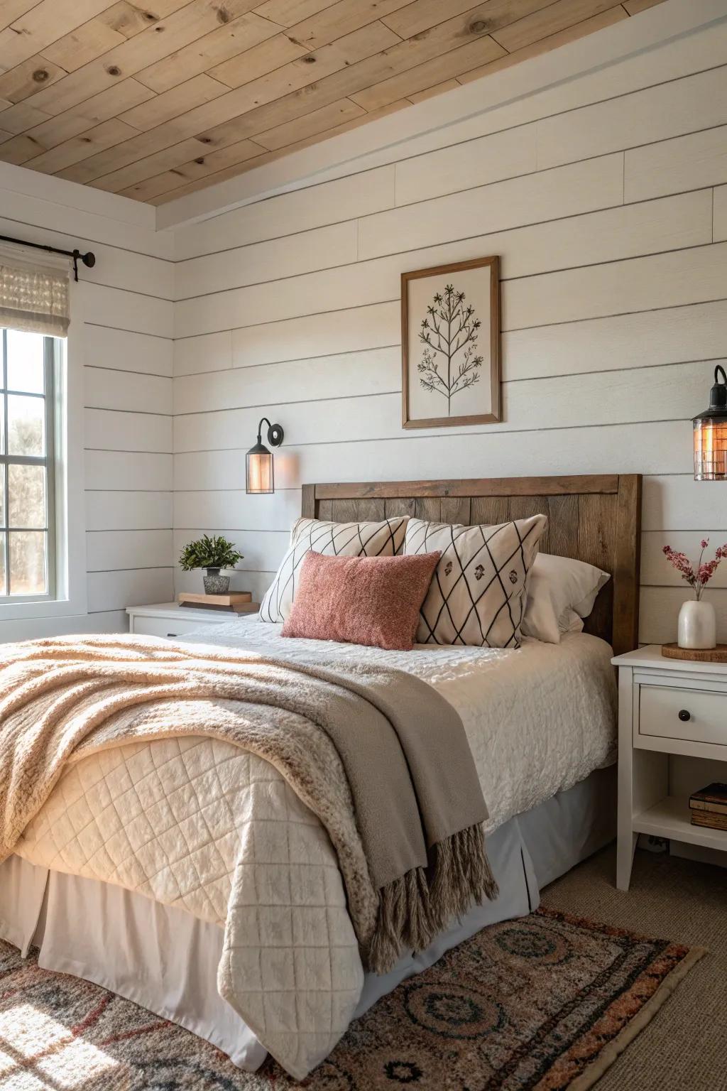 Shiplap accent walls add interest and a farmhouse touch.