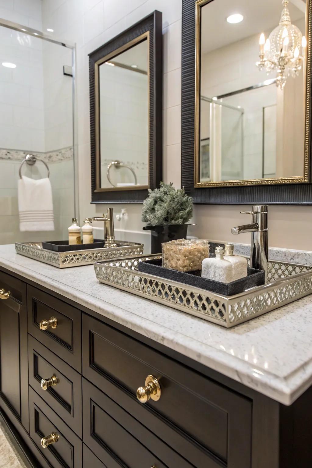 A luxurious vanity area with elegant hardware and chic accessories.