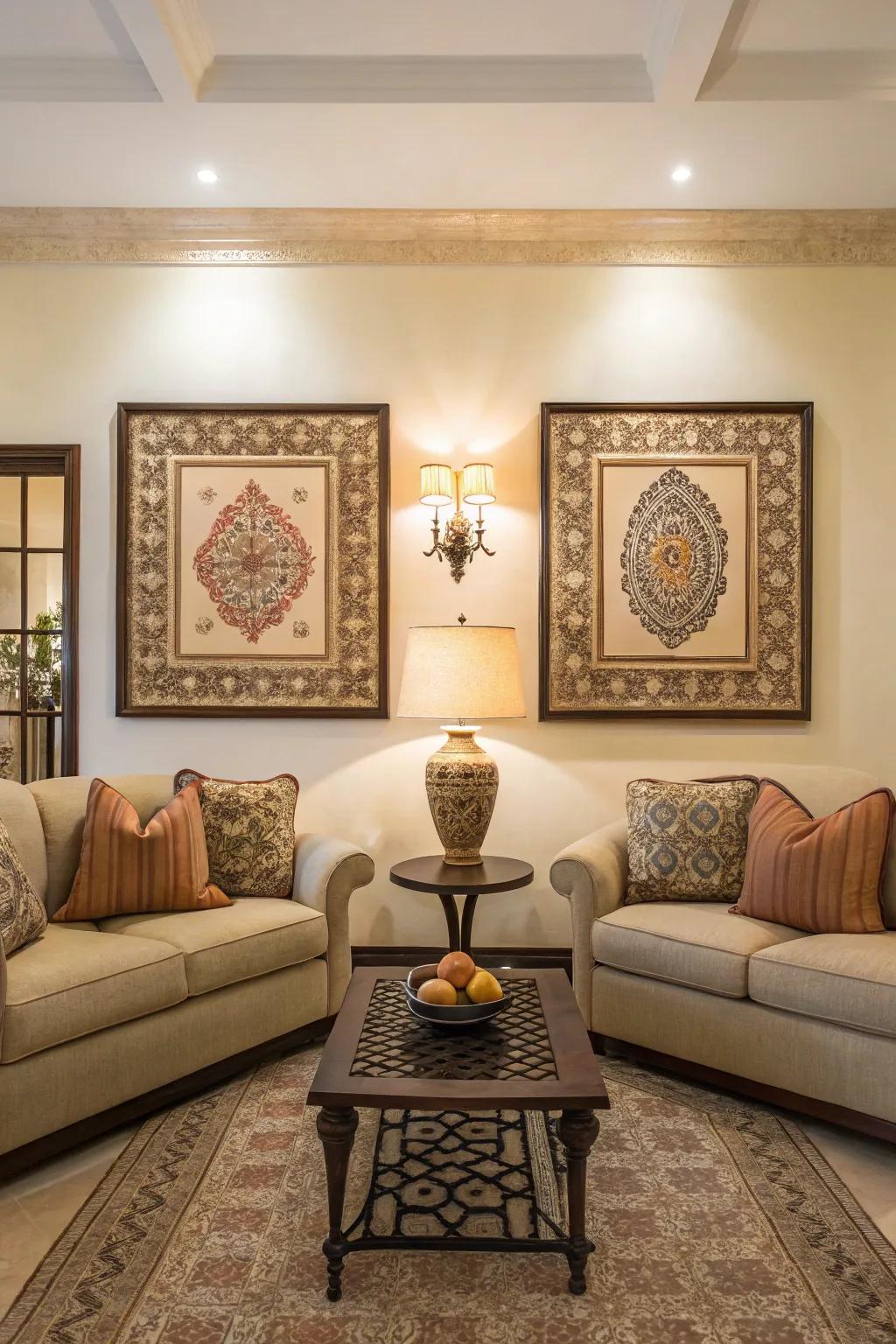 Symmetrical wall decor adds balance and harmony to the modern living room.