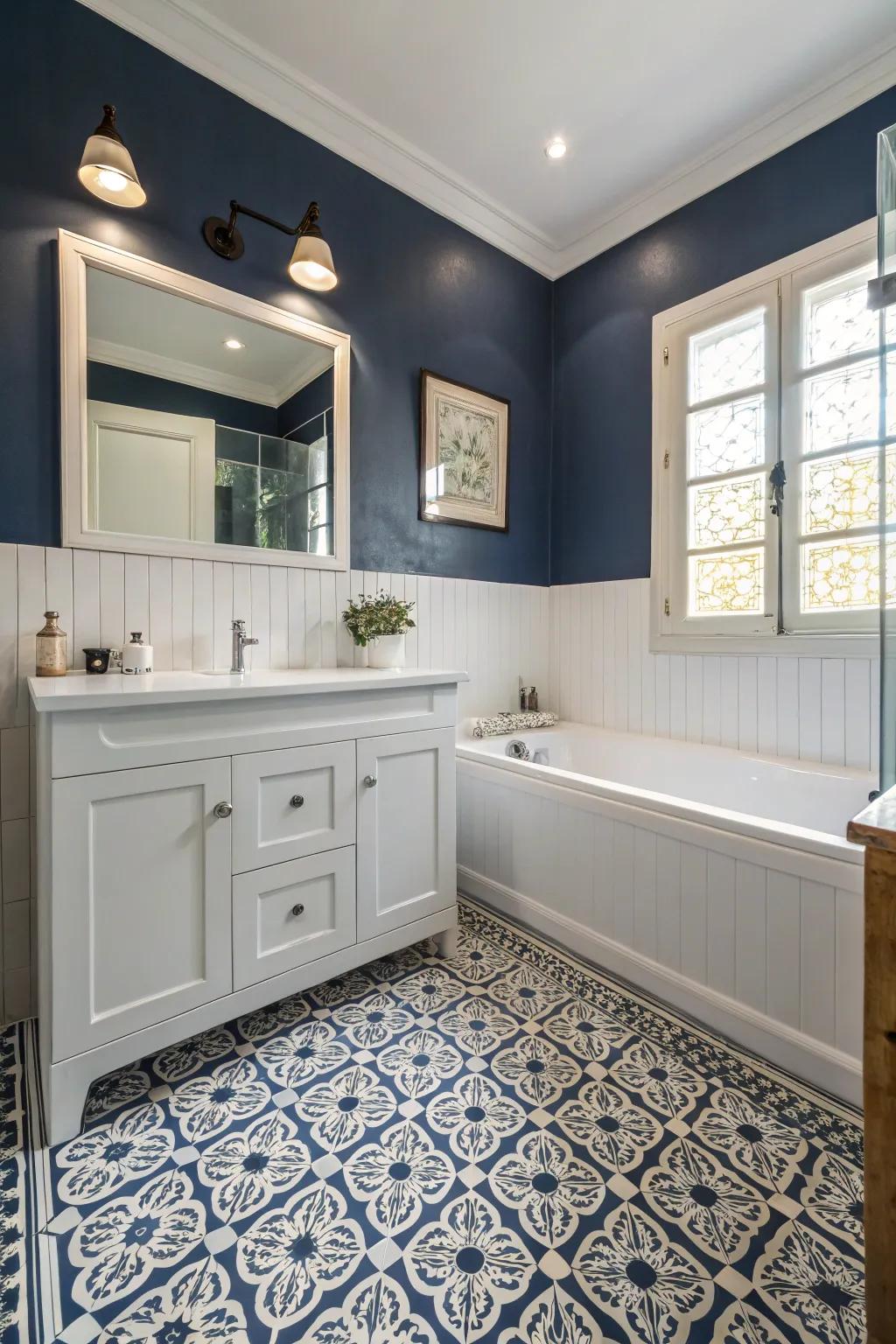 Patterned flooring adds texture to a navy blue bathroom.