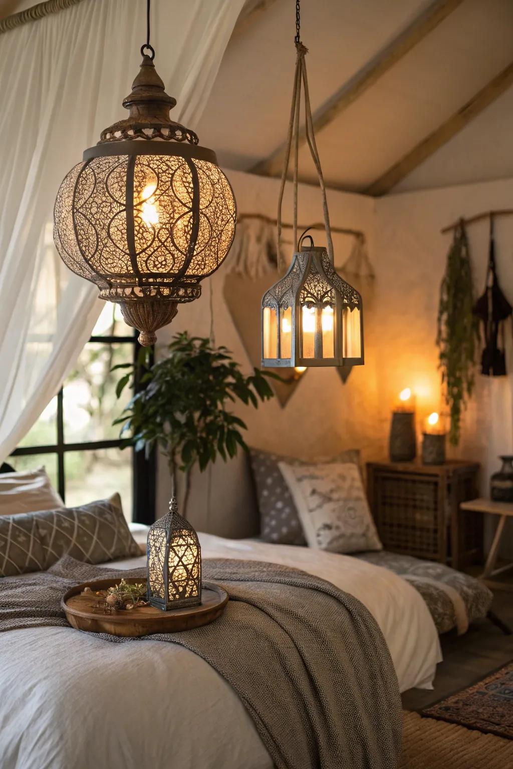 Decorative lanterns cast a mystical and cozy glow in a modern Spanish bedroom.