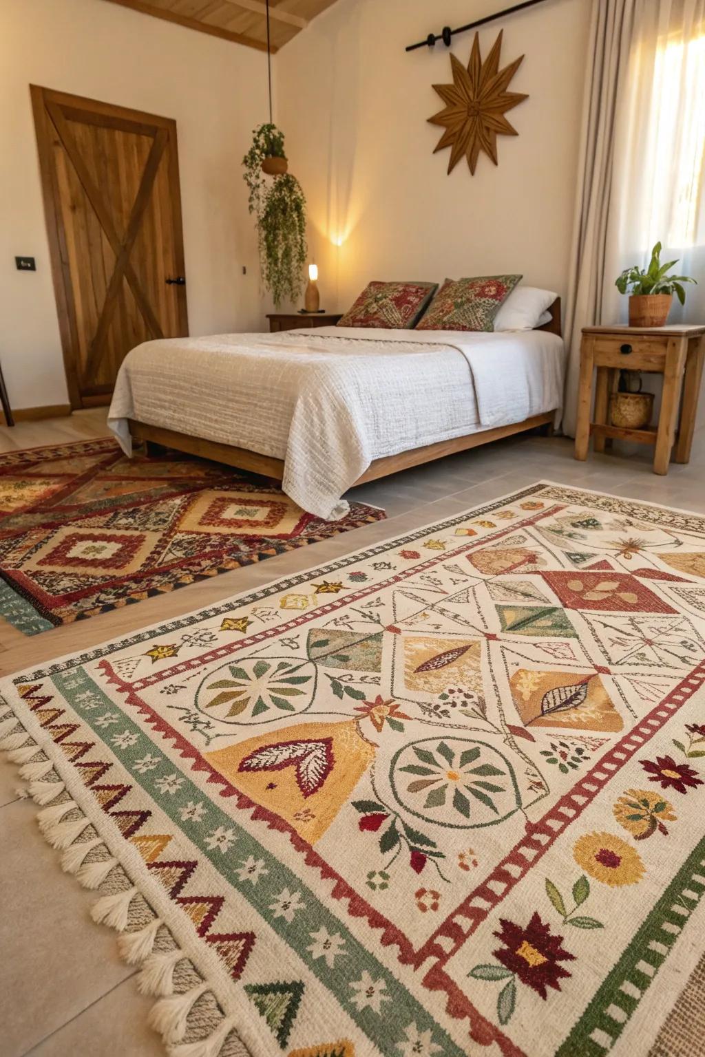 A bedroom with layered patterned rugs.