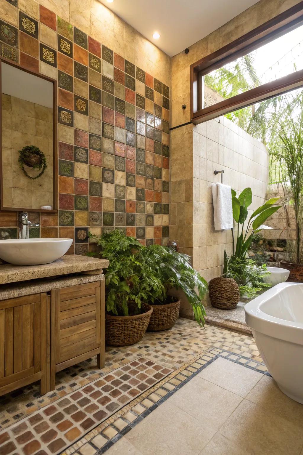 An eco-conscious bathroom featuring sustainable mosaic tiles.