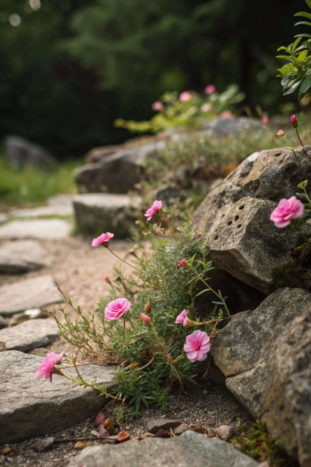 Moss roses tucked between rocks add color to a rock garden.