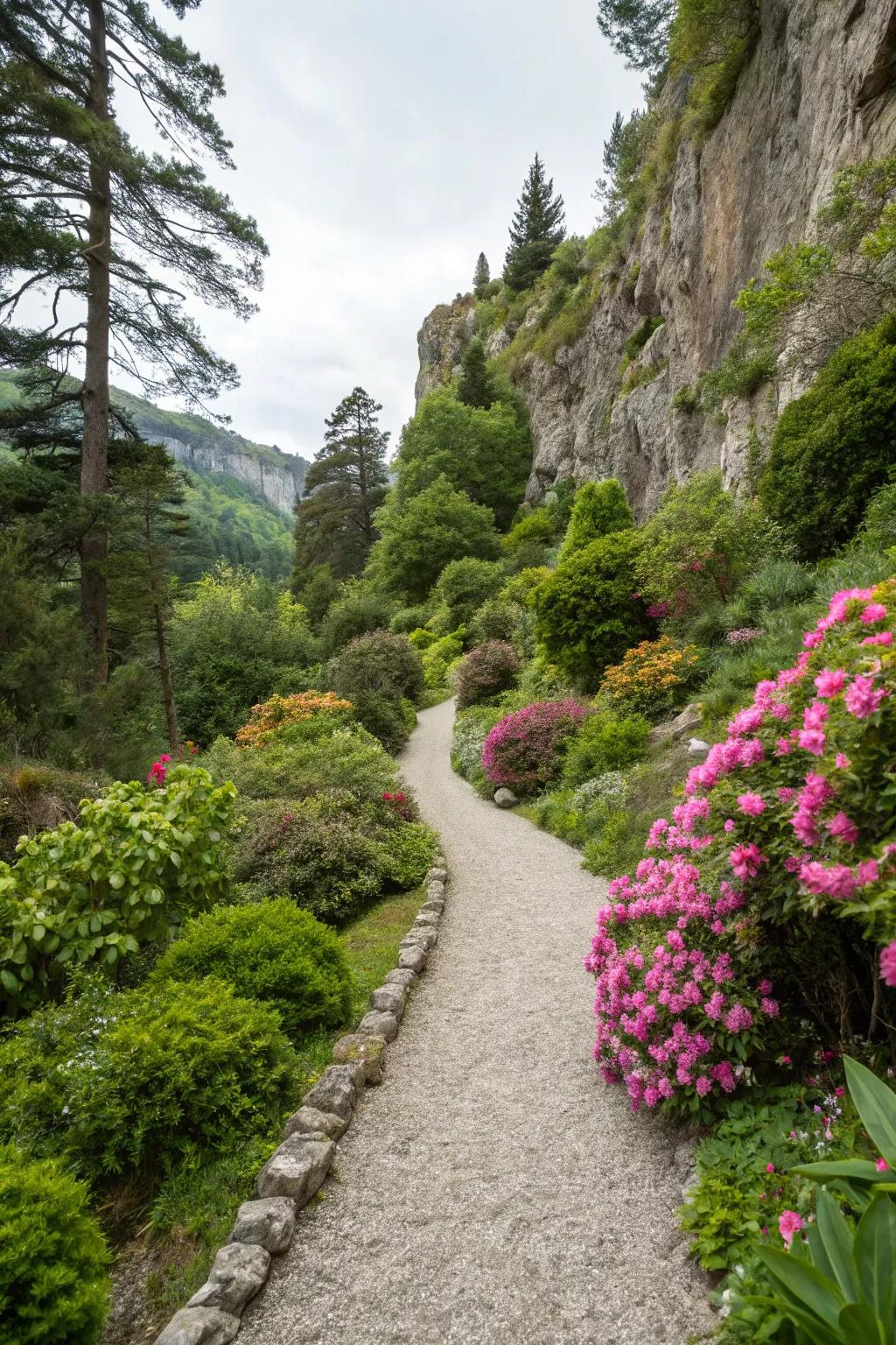 A meandering gravel walkway inviting exploration through the garden.