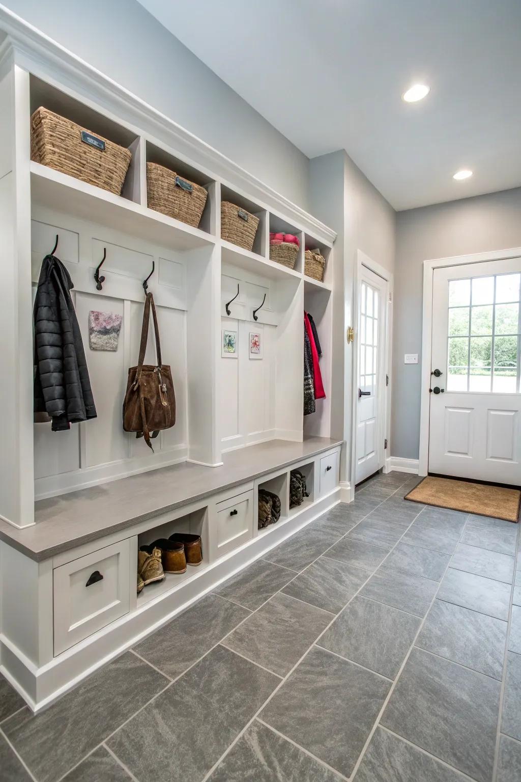 Mudroom featuring durable tile flooring with a modern design for practicality and style.