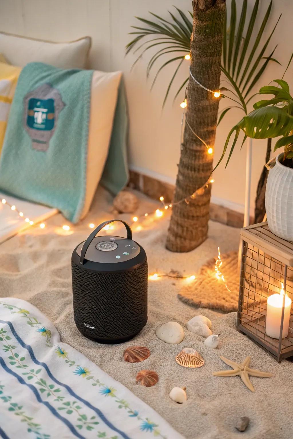 A cozy music corner with beachy tunes setting the perfect mood.