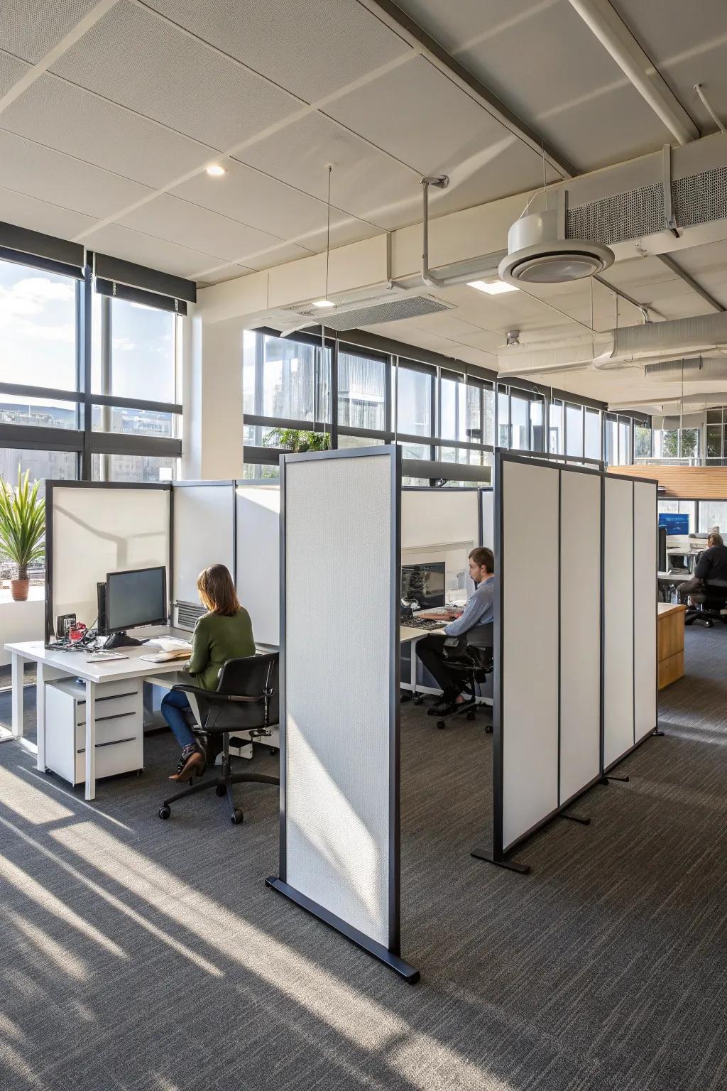 Freestanding screens offer portable and flexible office division.