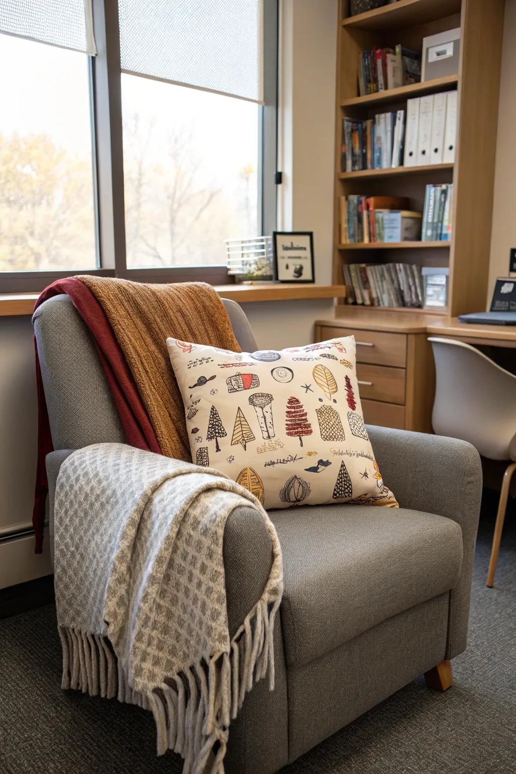 Personalized decorative pads and a throw contribute a unique touch to this office reading chair.