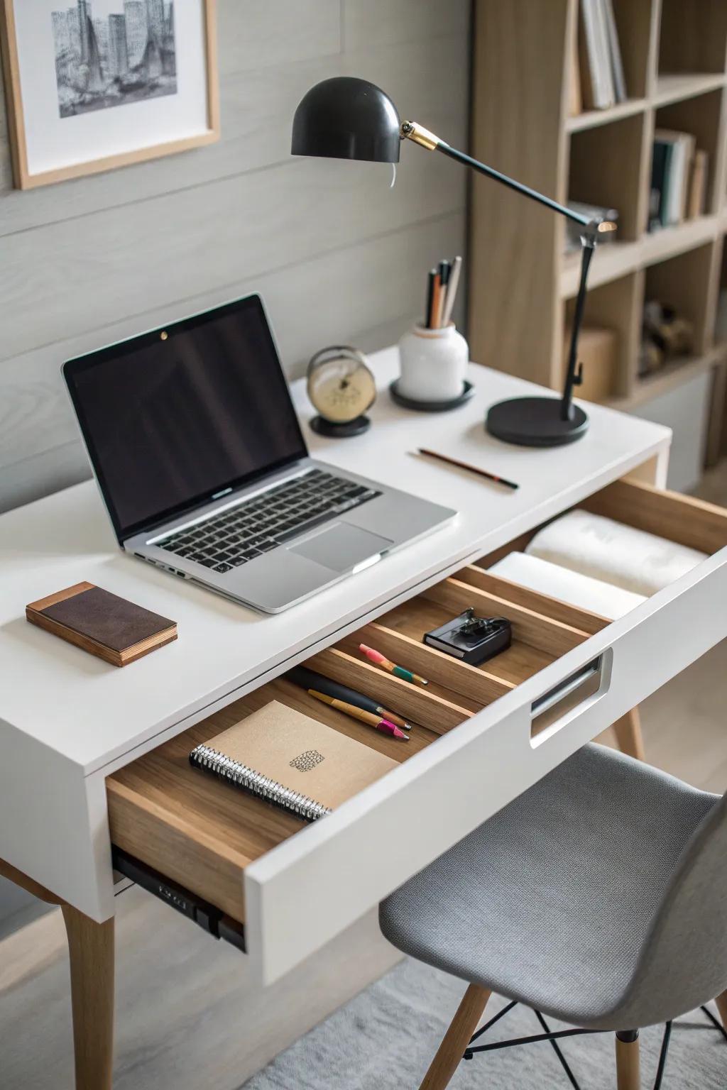 Hidden storage maintains a minimalist and organized office aesthetic.