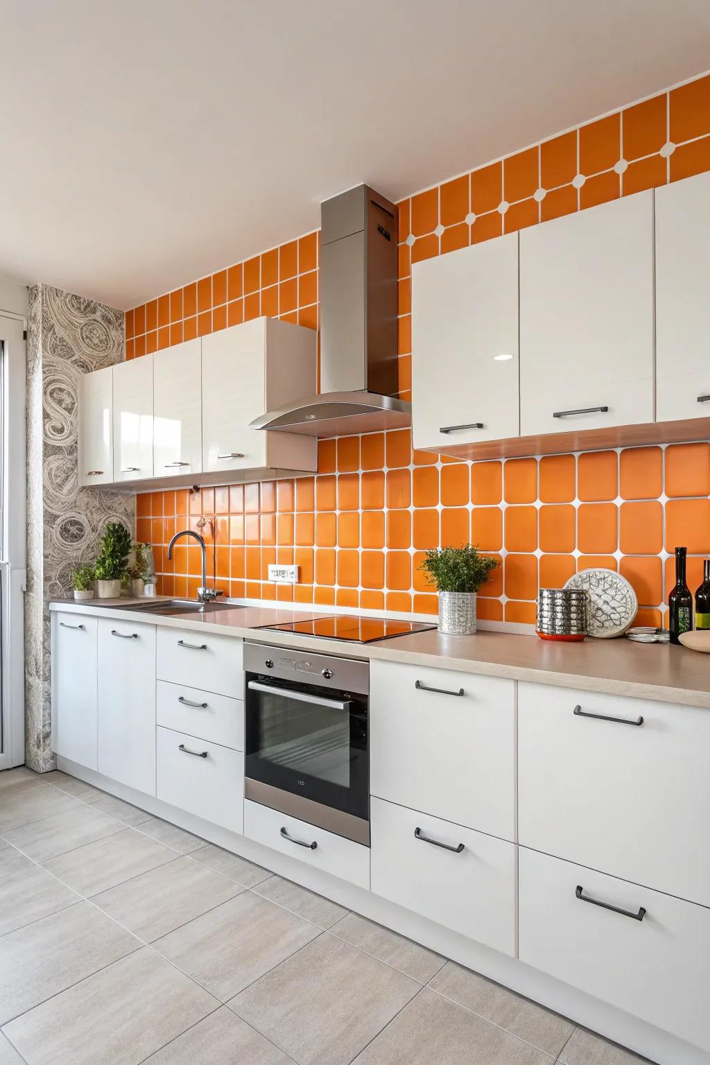 A lively orange and white backsplash that adds flair to a modern kitchen.
