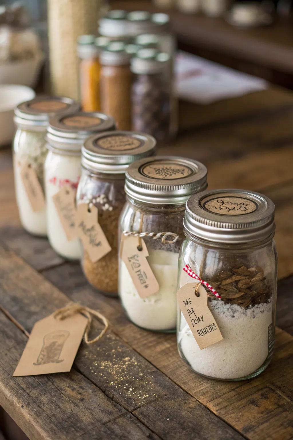 Repurposed jars provide stylish and practical storage solutions.