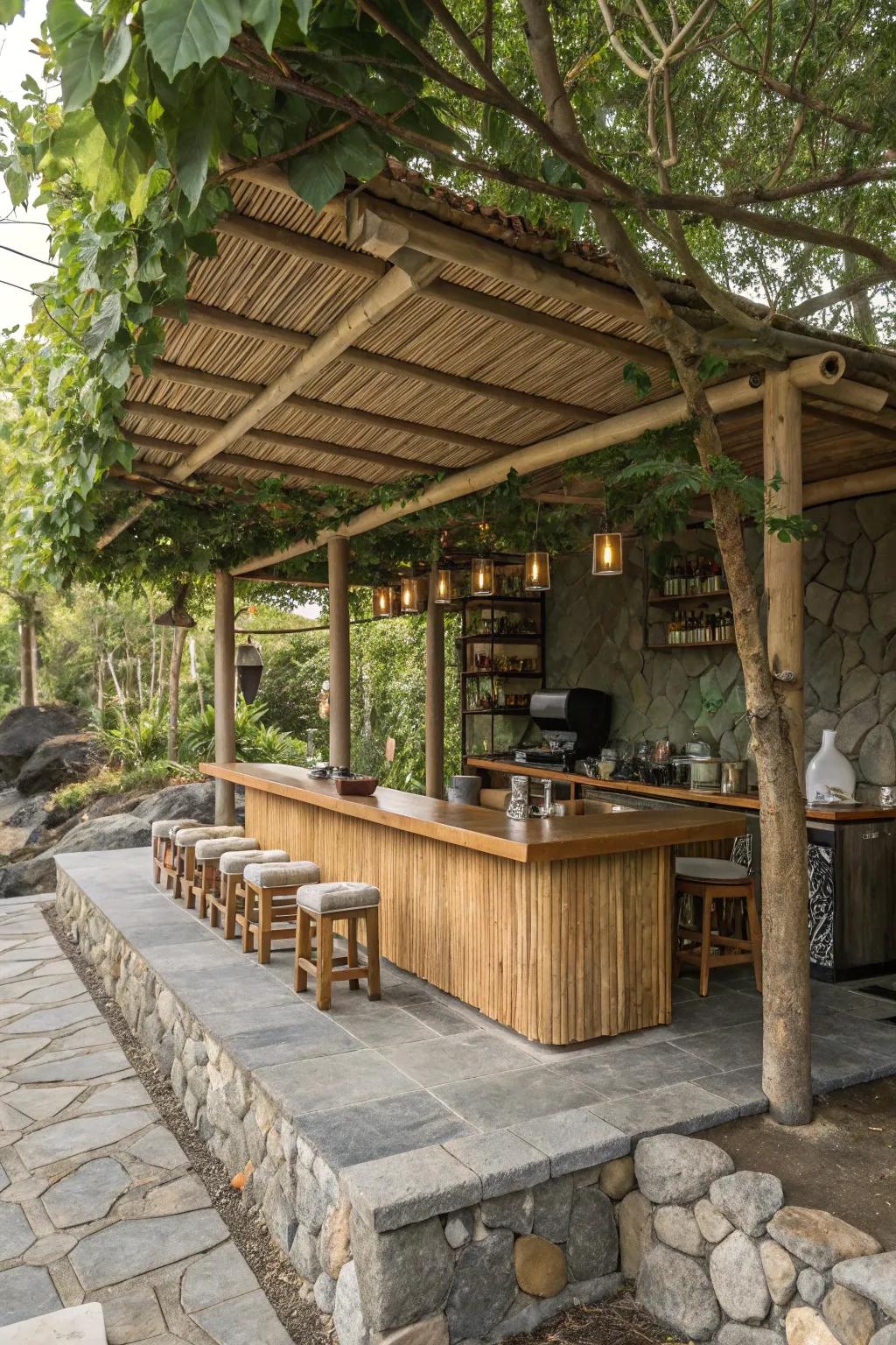 A coffee bar that smoothly integrates inherent textures for a cohesive appearance.