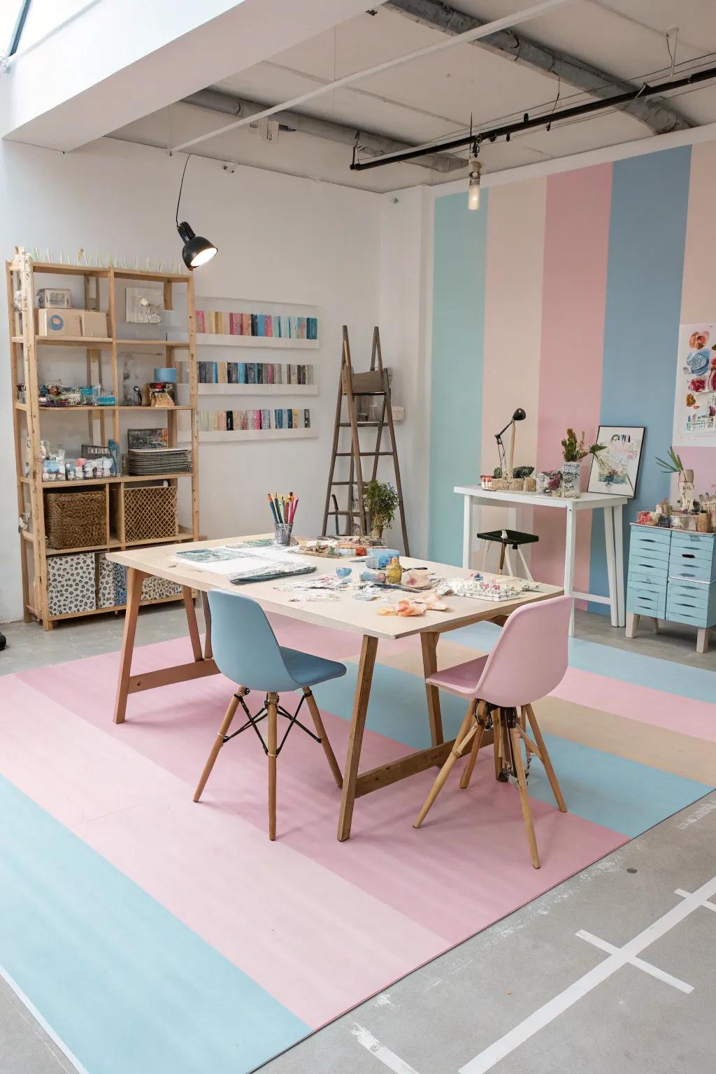 A creative studio space with pastel-painted floors, delivering a calming and inspiring environment.
