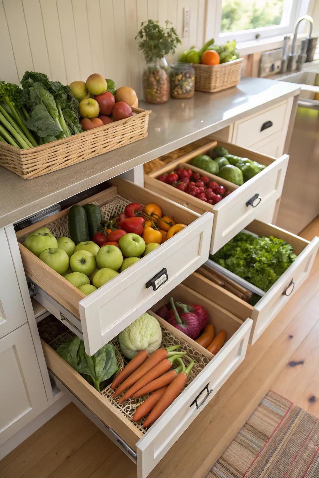 Under-the-shelf drawers in a pantry provide additional storage and keep produce fresh.