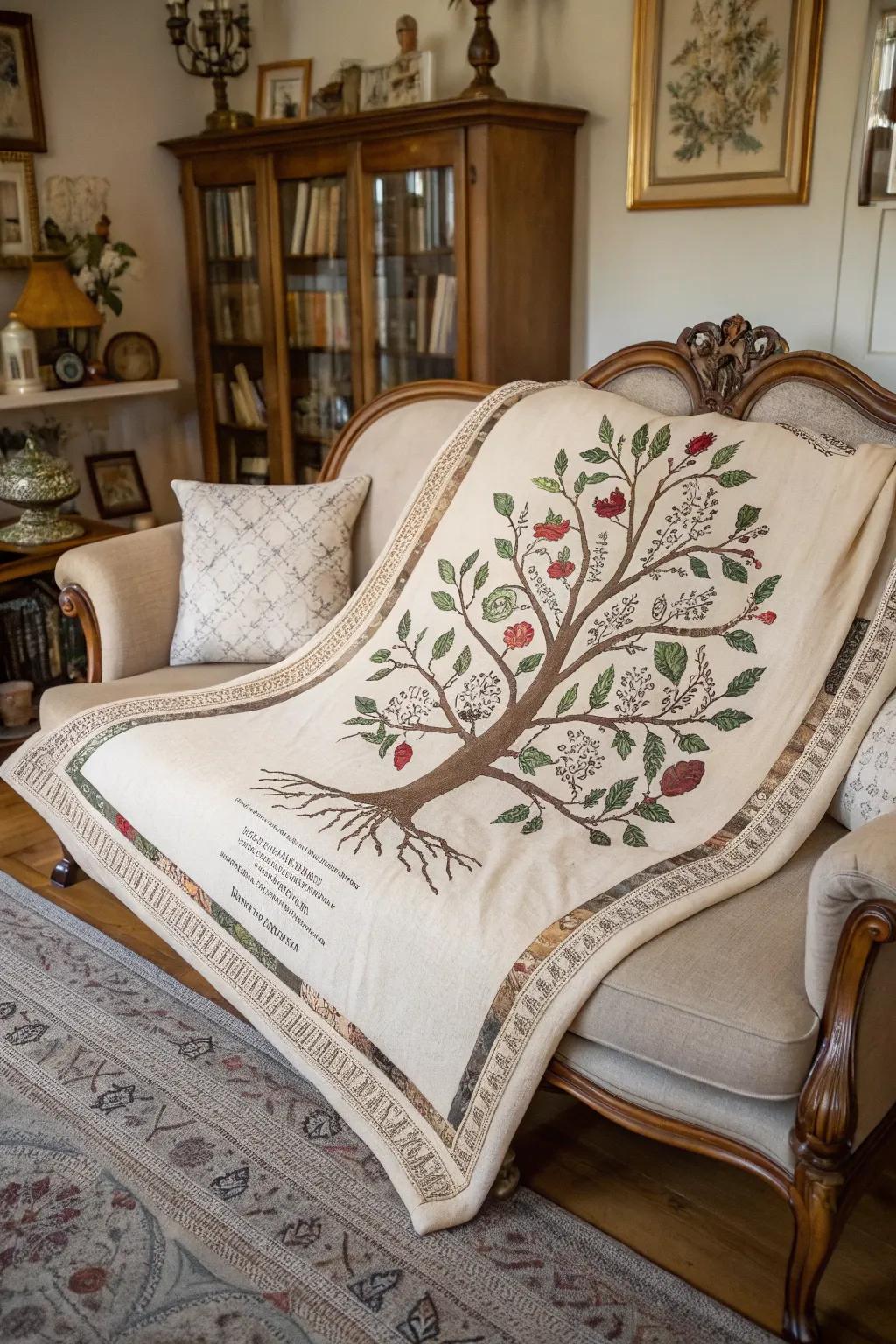 A blanket with a detailed family tree design, perfect for celebrating your heritage.