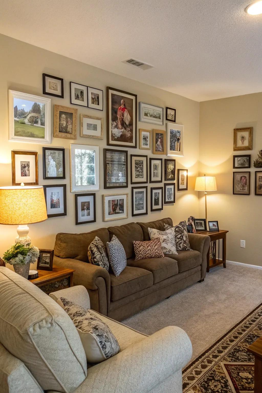 A curated frame wall can transform your living room into a personal gallery.