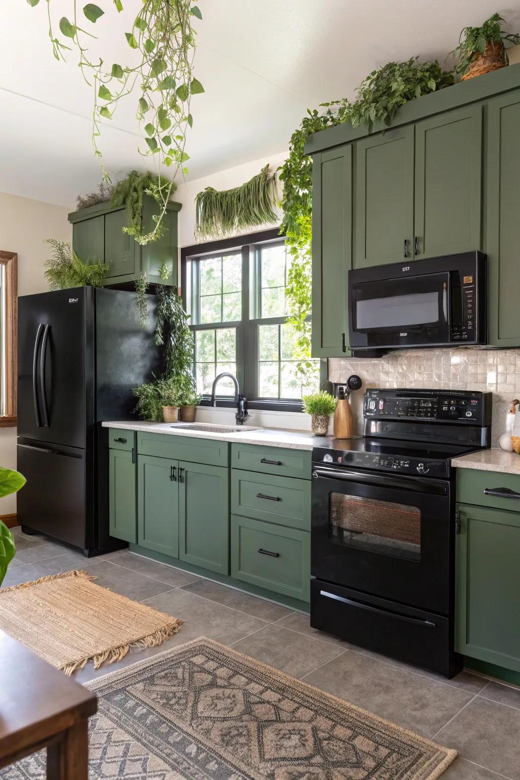 Green and black create a calming and stylish kitchen.