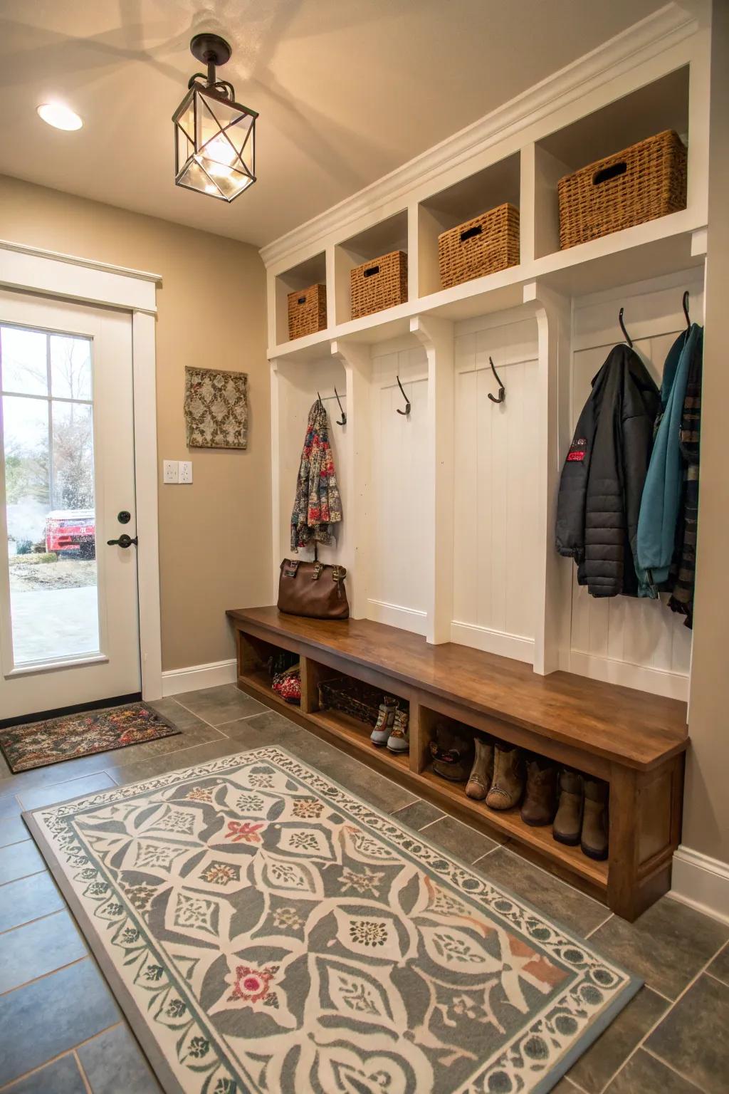A faux rug painted floor combines both flair and practicality.