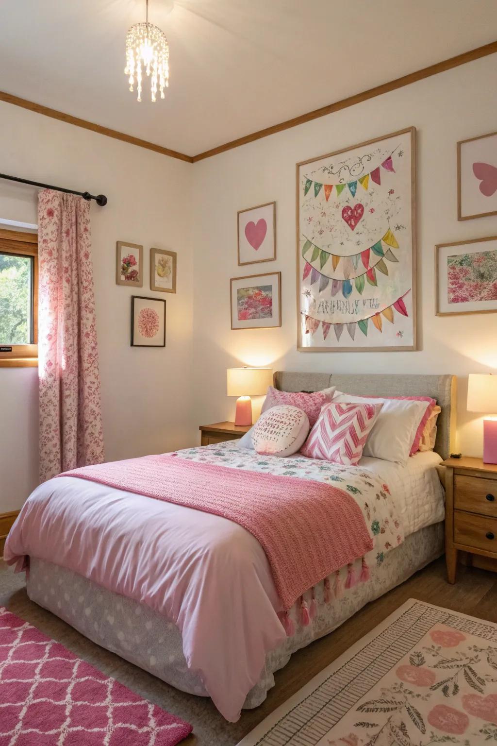 Striking pink-themed artwork adds personality to this modern bedroom.