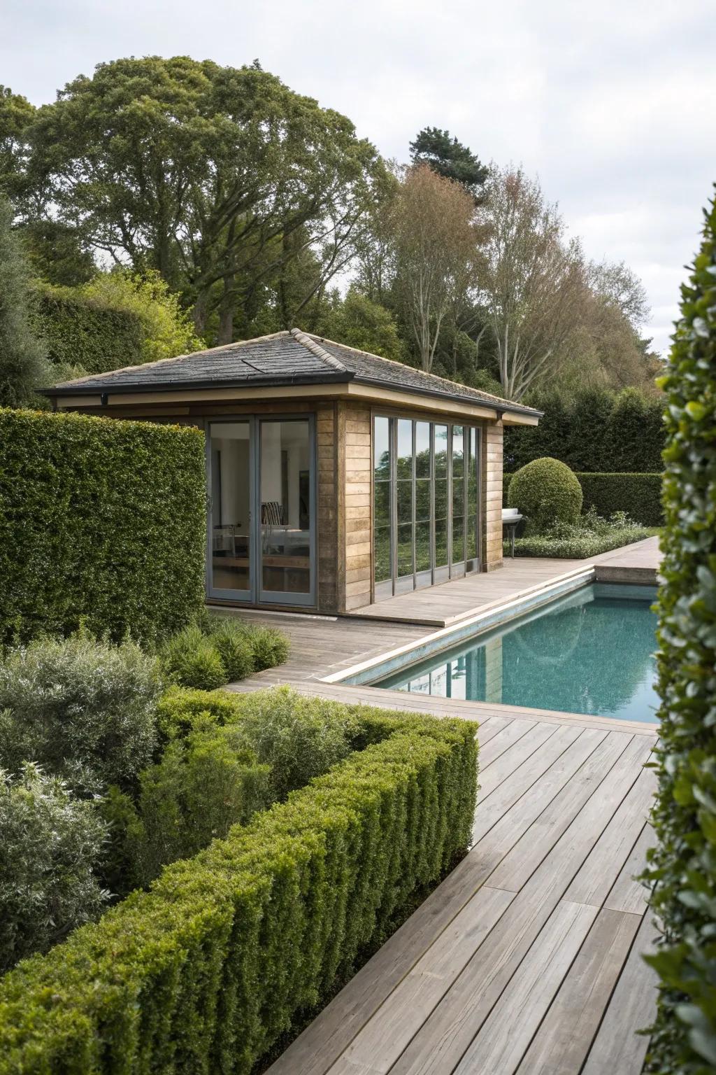 A secluded sanctuary bordered by nature offers a serene getaway.
