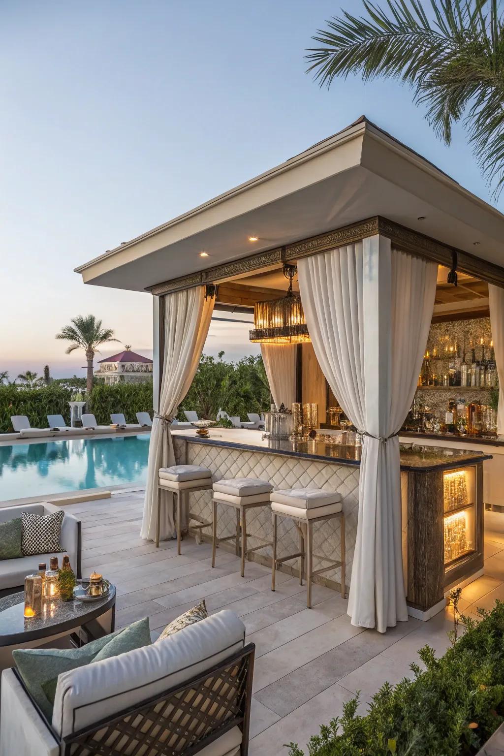 A cabana with a bar provides a private oasis by the pool.