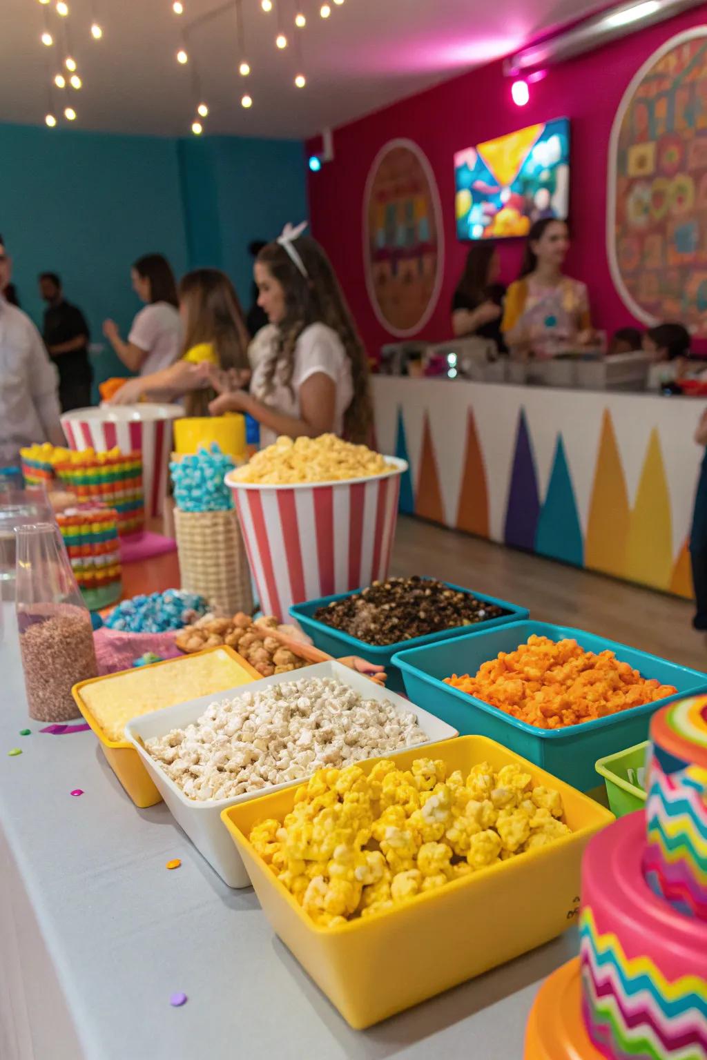 A popcorn bar is a fun and tasty addition to any party.