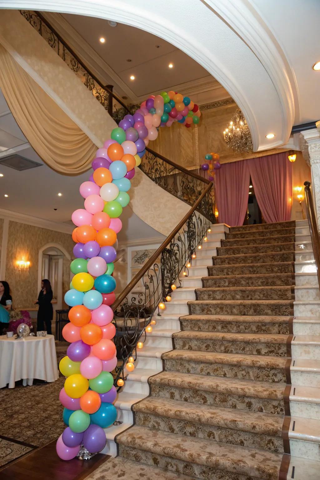 Balloon garlands make staircases inviting and festive.