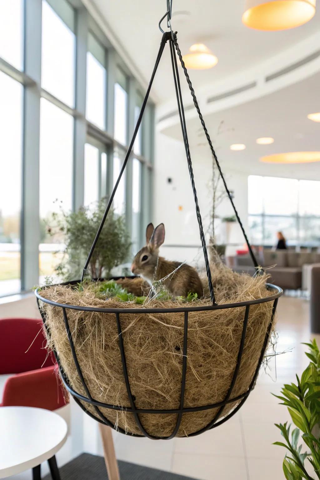 A hanging planter creatively repurposed for hay storage.