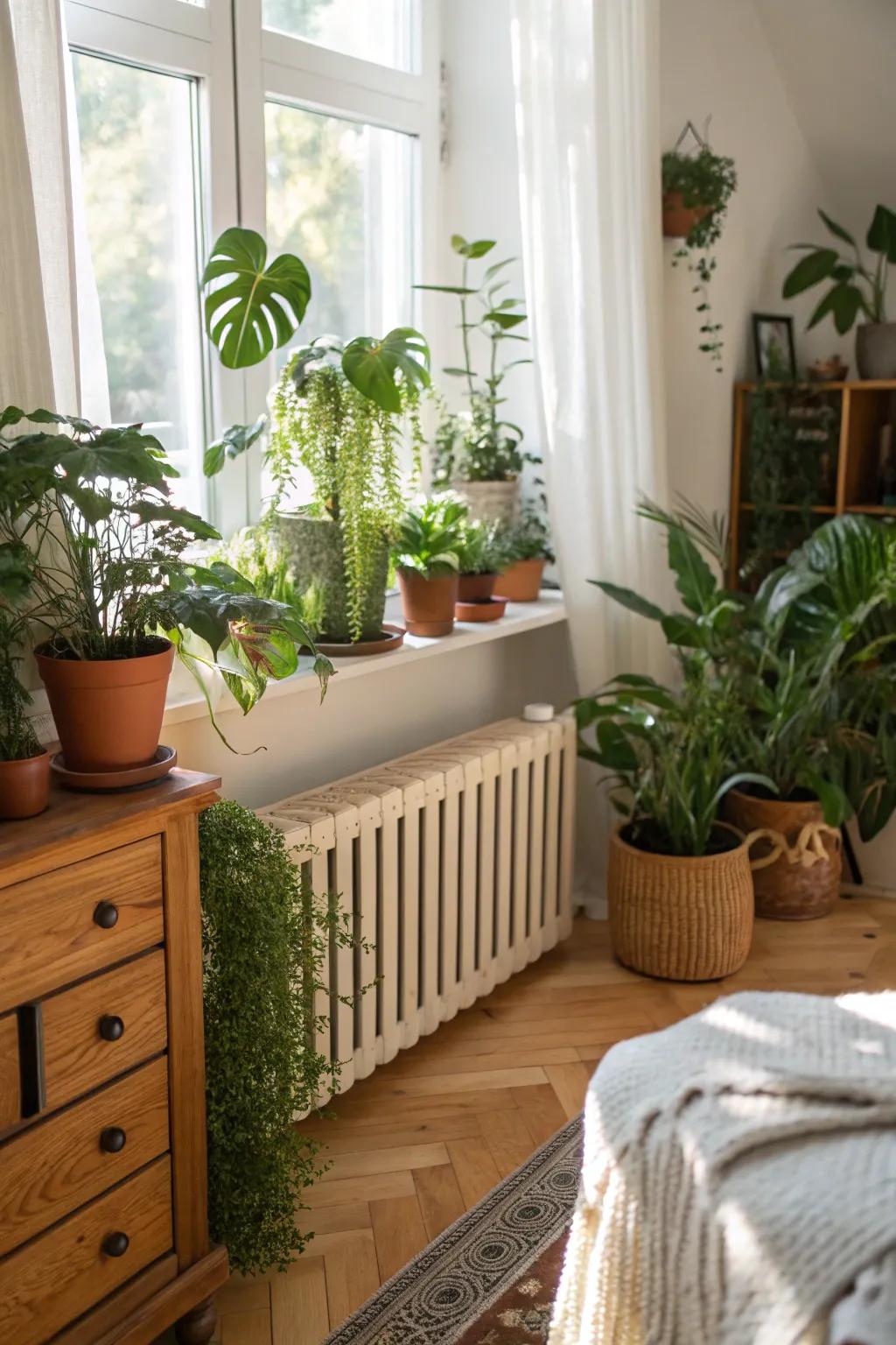 Potted plants on a radiator cover bring a fresh, natural vibe to the space.