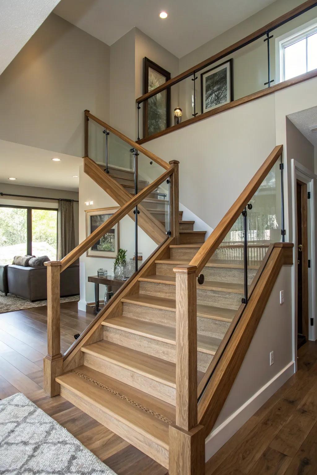 Open railings improve the visual space of the entryway staircase.