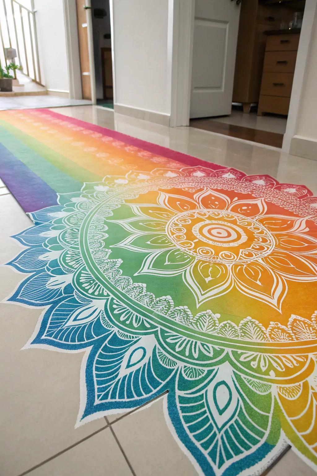 The ombré effect creates a stunning gradient and dimension to this rangoli.