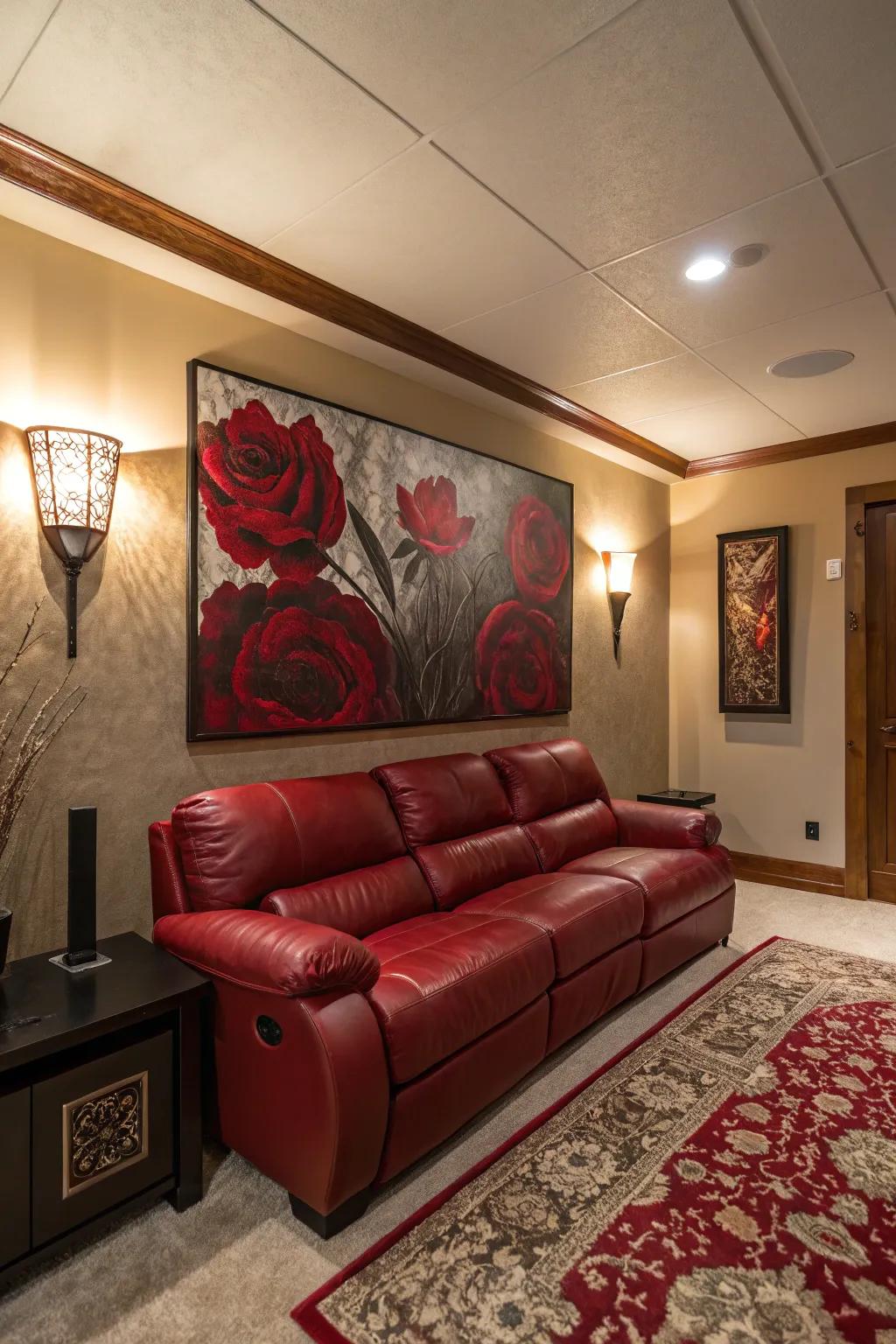 Theatrical wall craftsmanship can render your scarlet hide sofa the central spectacle inside your chamber.