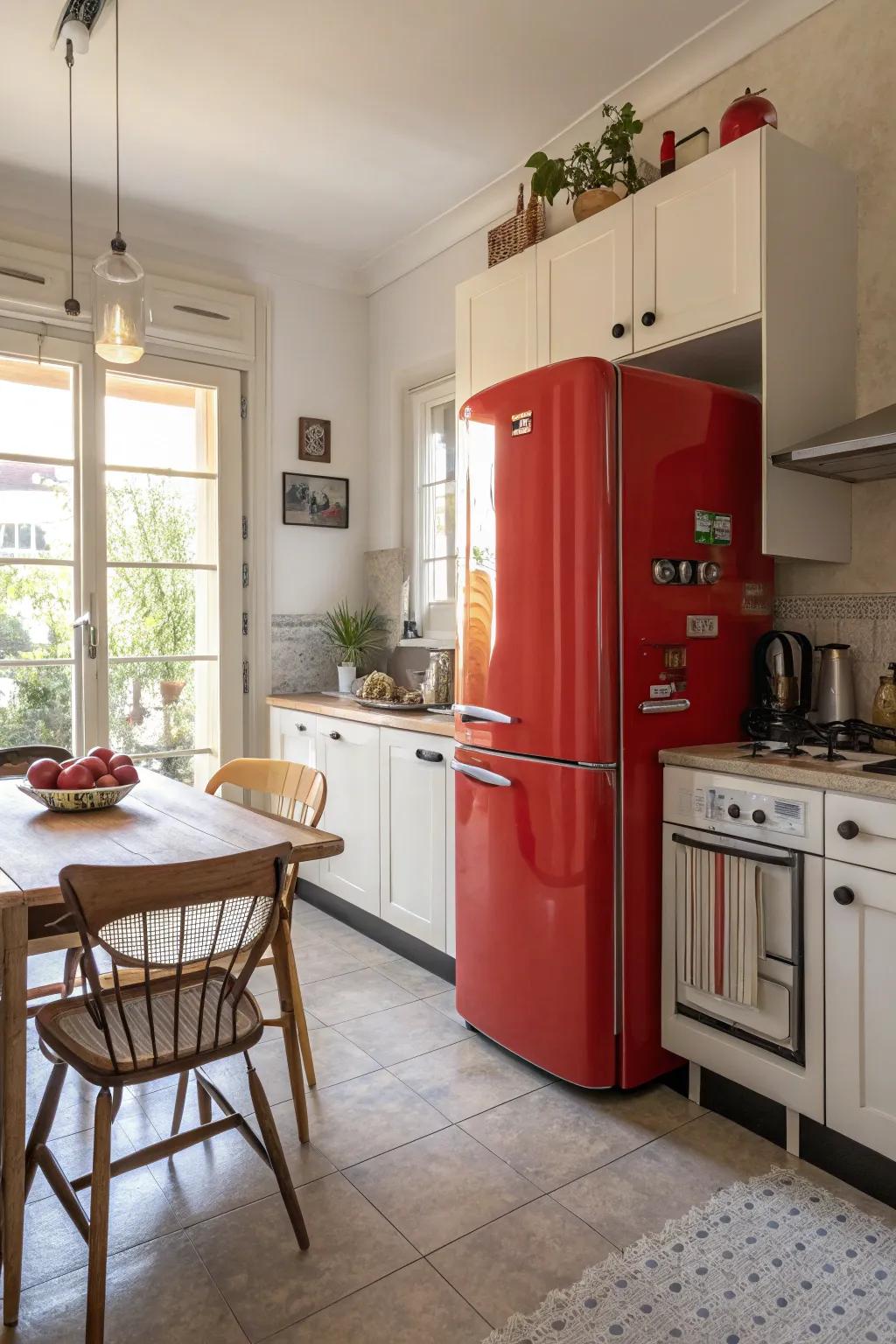 A cooking space showcasing a bold-hued 'ice-box' that adds a burst of personality.