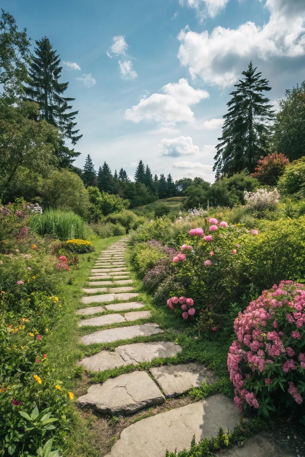 A charming stepping stone path leading through a lush garden area.