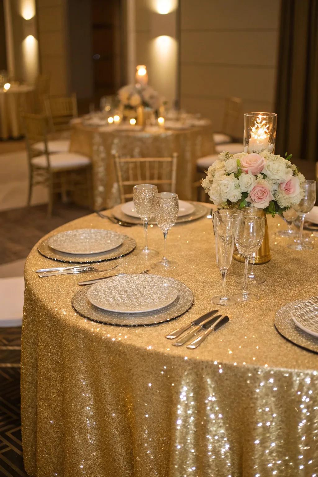 Opulent gold tablecloth for a glamorous wedding reception.