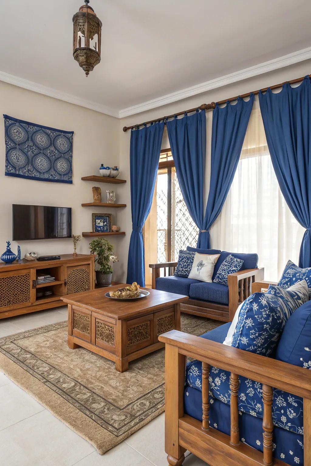 Earthy wood features soften and complement the regal tones of sapphire.