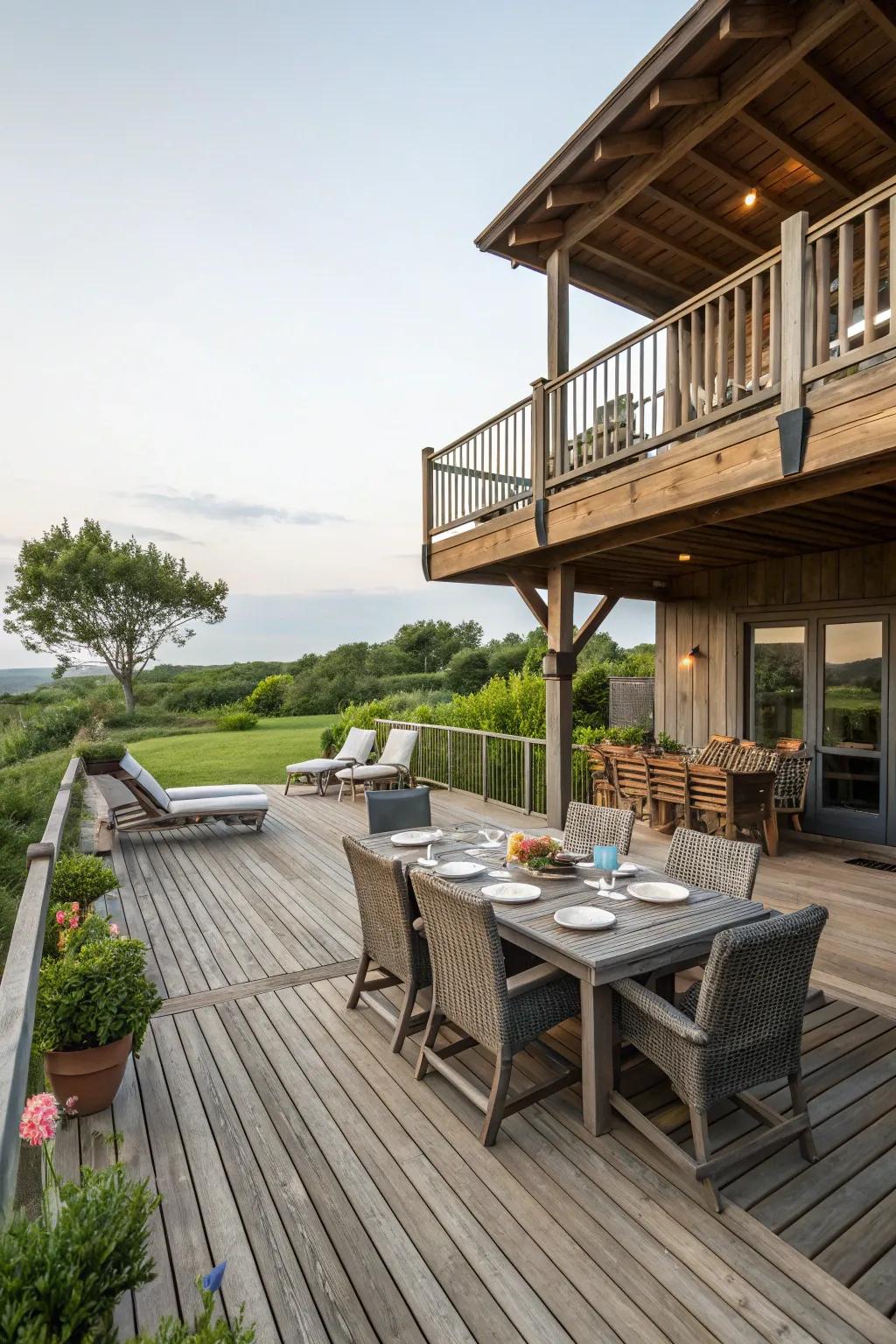 Split-level layout enhances dimension and flexibility to this veranda.