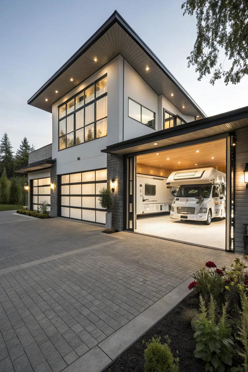 Streamlined and contemporary RV garage layout that echoes the home’s construction.